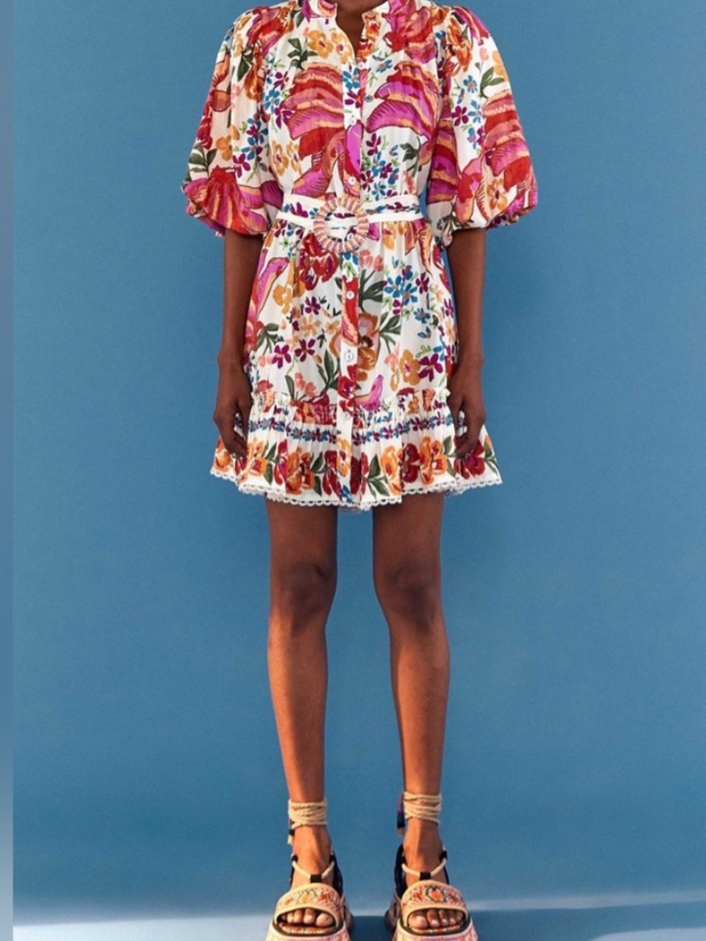 FARM Rio White Spring Bananas Belted Mini Dress